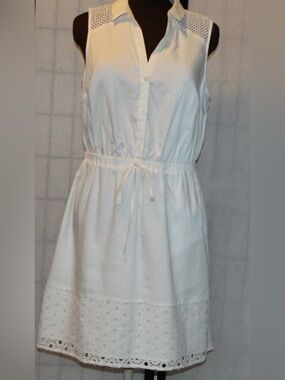 Elle- Sleeveless White Eyelet Hem Shirt Dress